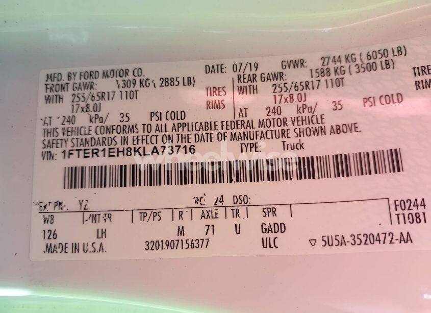 Photo 9 of 2019 Ford Ranger XLT (VIN 1FTER1EH8KLA73716)