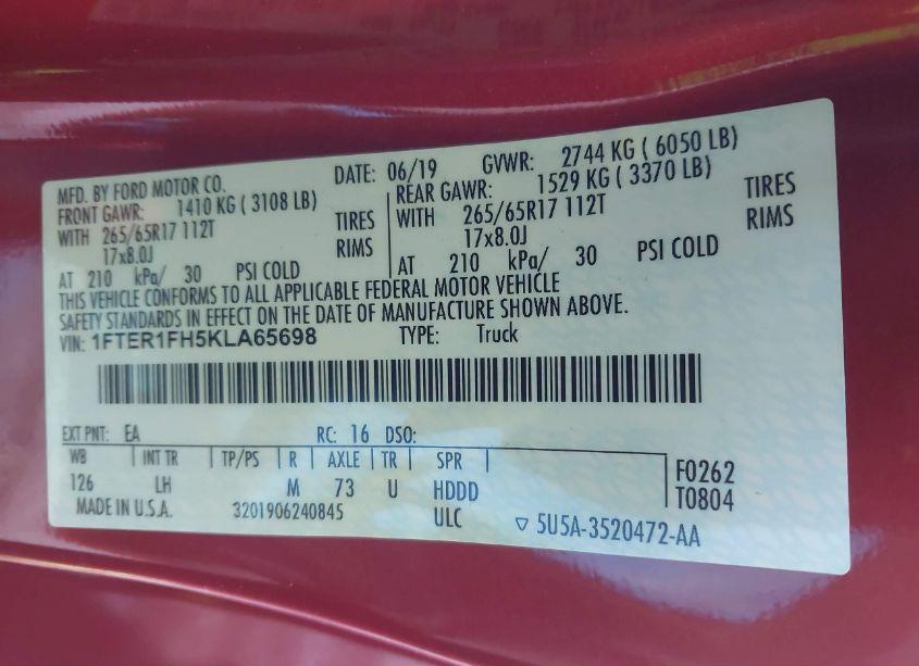 Photo 9 of 2019 Ford Ranger XLT (VIN 1FTER1FH5KLA65698)