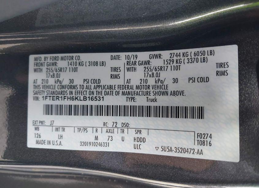 Photo 9 of 2019 Ford Ranger XLT (VIN 1FTER1FH6KLB16531)