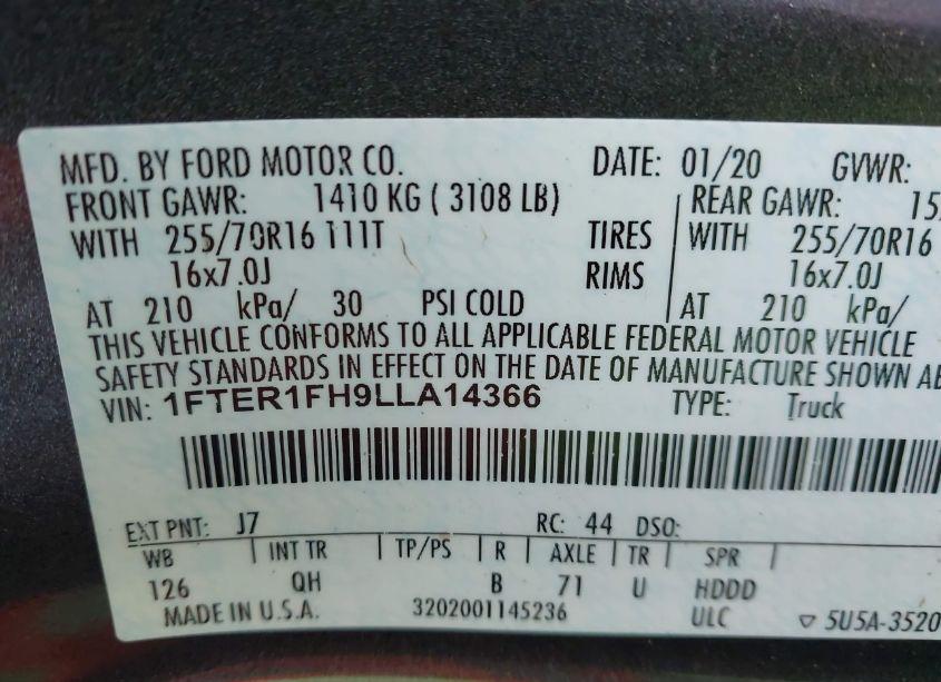 Photo 9 of 2020 Ford Ranger XL (VIN 1FTER1FH9LLA14366)