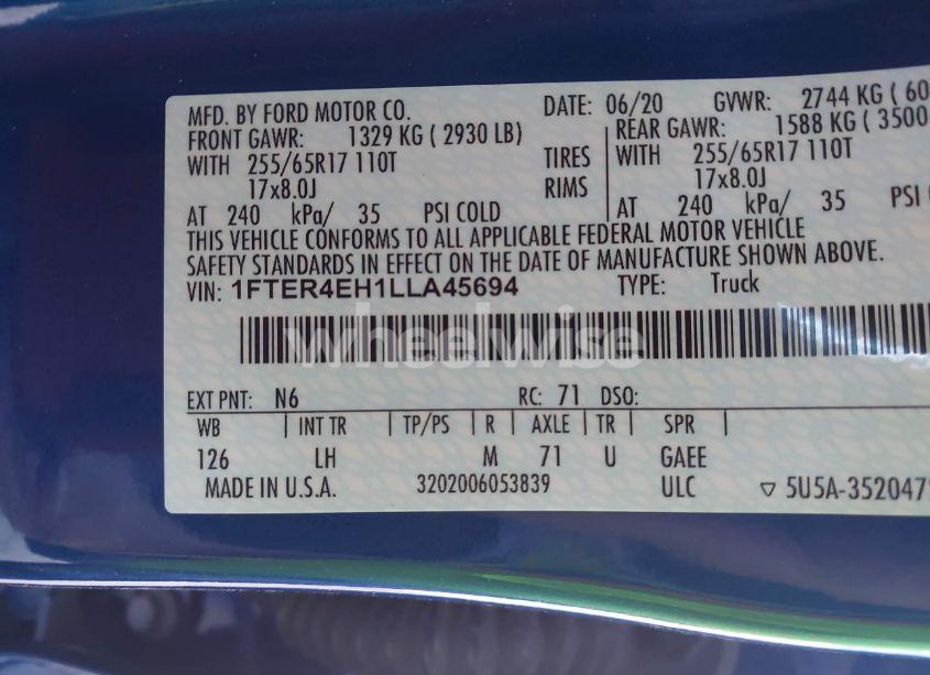 Photo 9 of 2020 Ford Ranger XLT (VIN 1FTER4EH1LLA45694)