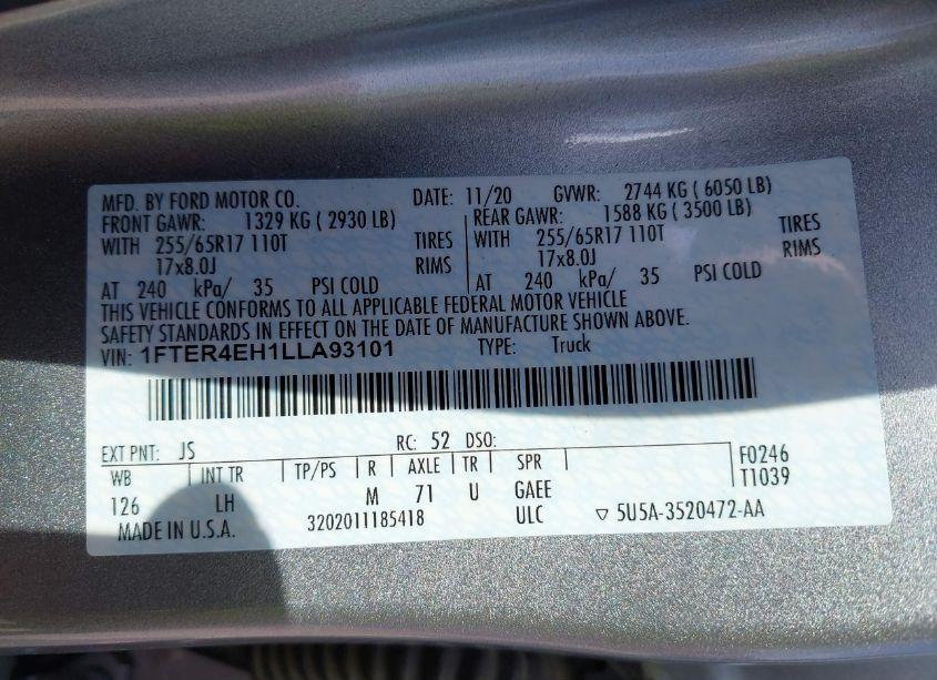 Photo 9 of 2020 Ford Ranger XLT (VIN 1FTER4EH1LLA93101)