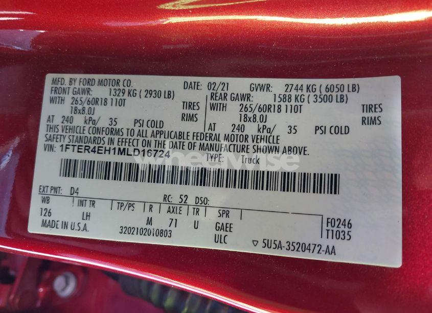 Photo 9 of 2021 Ford Ranger XL (VIN 1FTER4EH1MLD16724)