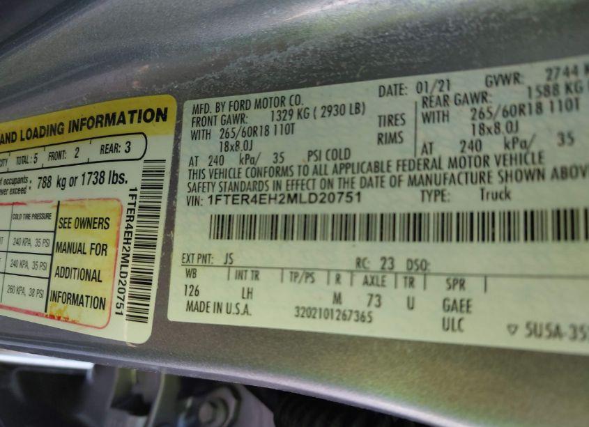 Photo 9 of 2021 Ford Ranger XL (VIN 1FTER4EH2MLD20751)