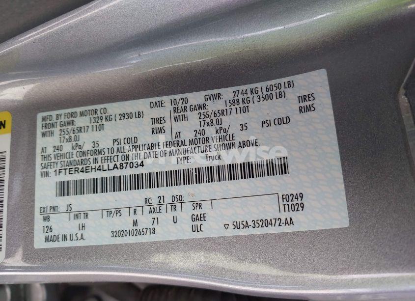 Photo 9 of 2020 Ford Ranger XLT (VIN 1FTER4EH4LLA87034)