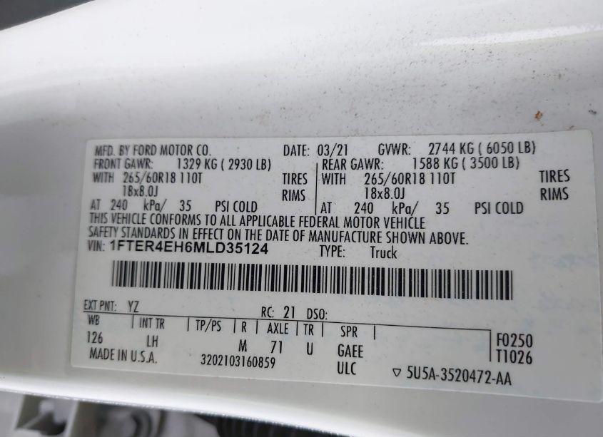 Photo 9 of 2021 Ford Ranger XL (VIN 1FTER4EH6MLD35124)