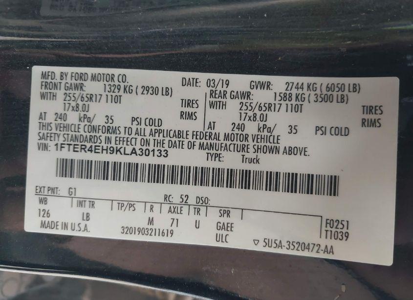 Photo 9 of 2019 Ford Ranger XLT (VIN 1FTER4EH9KLA30133)