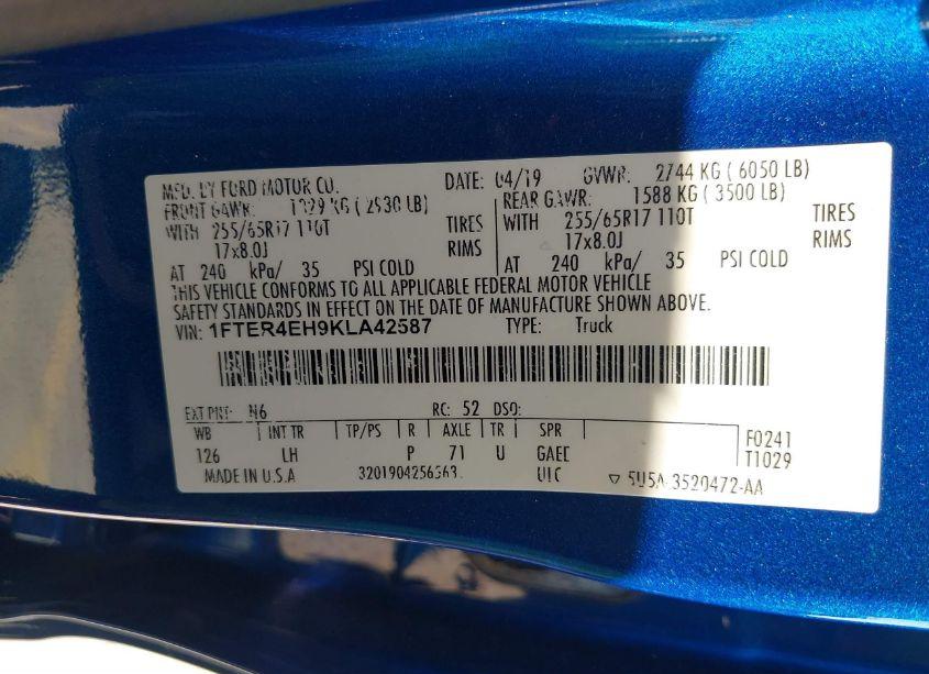 Photo 9 of 2019 Ford Ranger XLT (VIN 1FTER4EH9KLA42587)