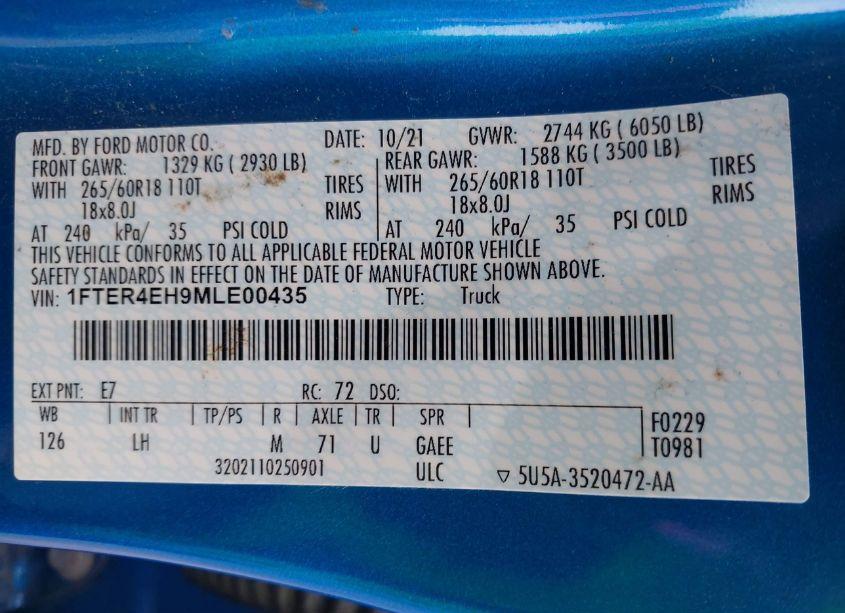 Photo 9 of 2021 Ford Ranger XL (VIN 1FTER4EH9MLE00435)