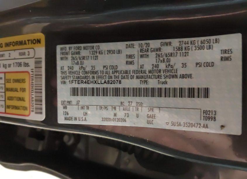 Photo 9 of 2020 Ford Ranger XLT (VIN 1FTER4EHXLLA82078)