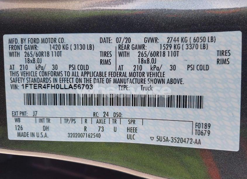 Photo 9 of 2020 Ford Ranger LARIAT (VIN 1FTER4FH0LLA56703)