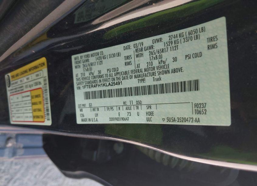 Photo 9 of 2019 Ford Ranger XL (VIN 1FTER4FH1KLA25491)