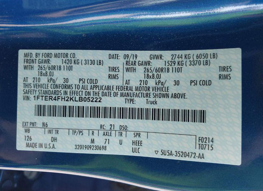 Photo 9 of 2019 Ford Ranger LARIAT (VIN 1FTER4FH2KLB05222)