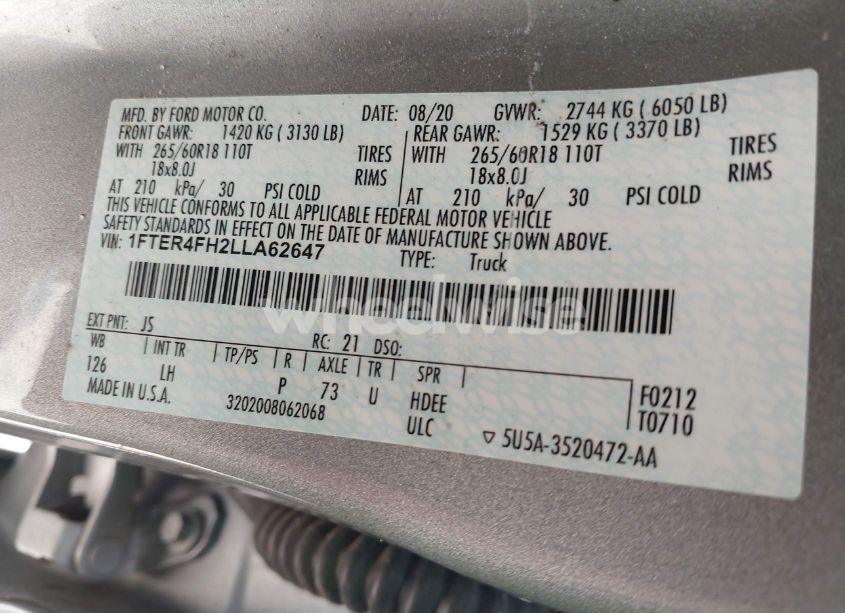Photo 9 of 2020 Ford Ranger XLT (VIN 1FTER4FH2LLA62647)