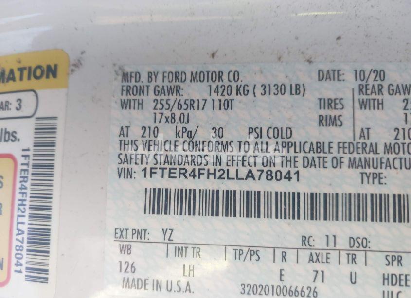 Photo 9 of 2020 Ford Ranger XL (VIN 1FTER4FH2LLA78041)