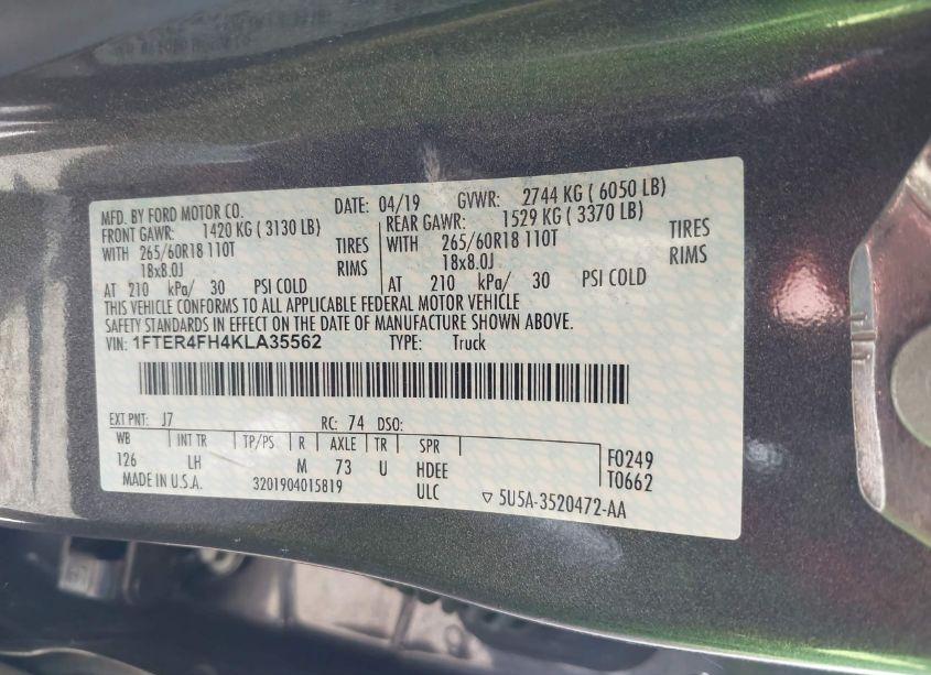 Photo 9 of 2019 Ford Ranger XLT (VIN 1FTER4FH4KLA35562)