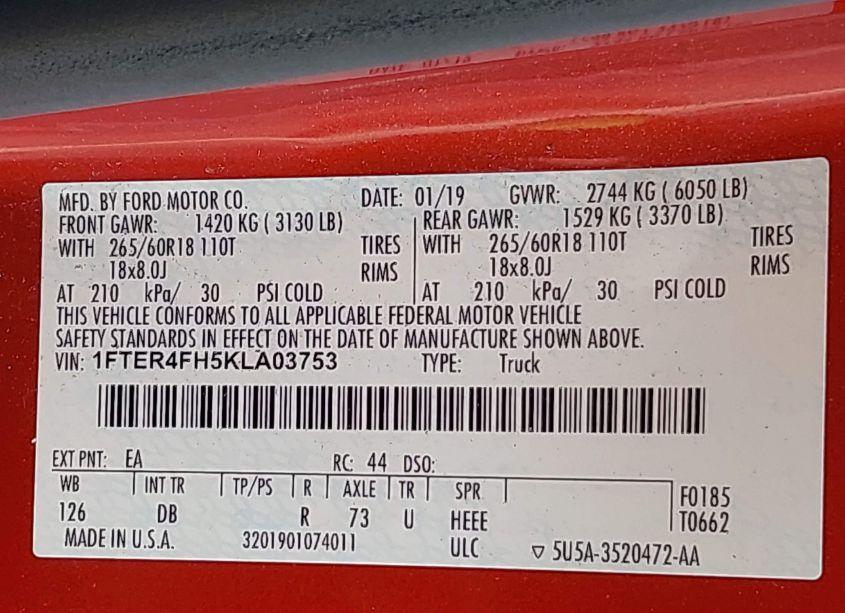 Photo 9 of 2019 Ford Ranger LARIAT (VIN 1FTER4FH5KLA03753)