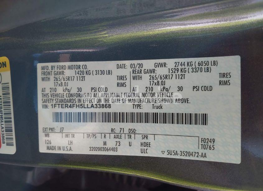 Photo 9 of 2020 Ford Ranger XLT (VIN 1FTER4FH5LLA33868)