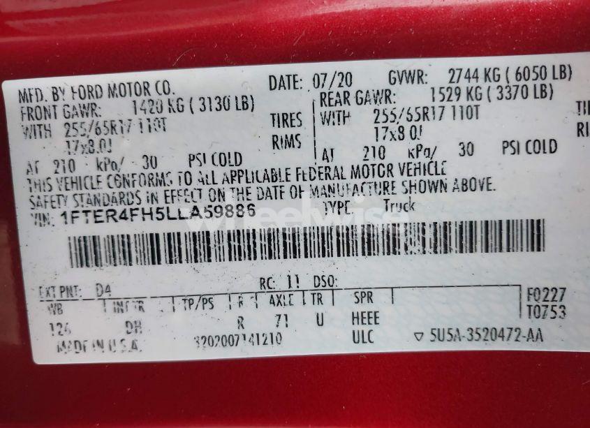 Photo 9 of 2020 Ford Ranger LARIAT (VIN 1FTER4FH5LLA59886)