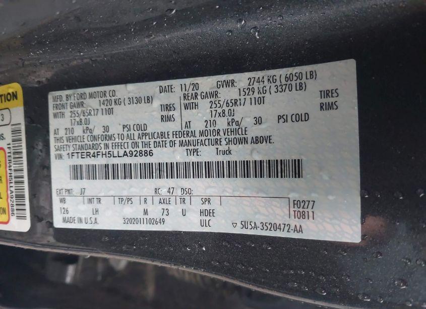 Photo 9 of 2020 Ford Ranger XLT (VIN 1FTER4FH5LLA92886)