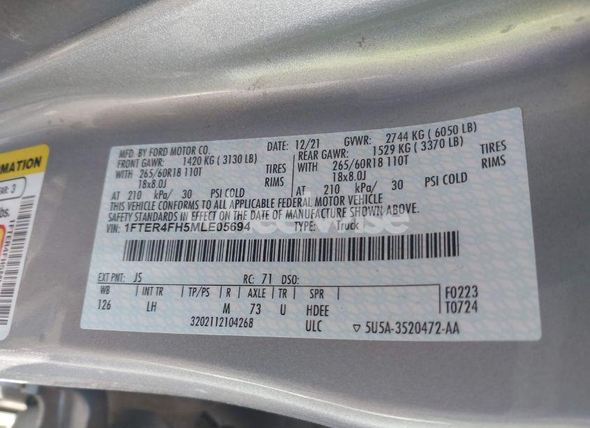 Photo 9 of 2021 Ford Ranger XLT (VIN 1FTER4FH5MLE05694)