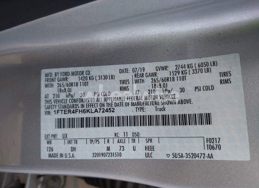 Photo 9 of 2019 Ford Ranger LARIAT (VIN 1FTER4FH6KLA72452)