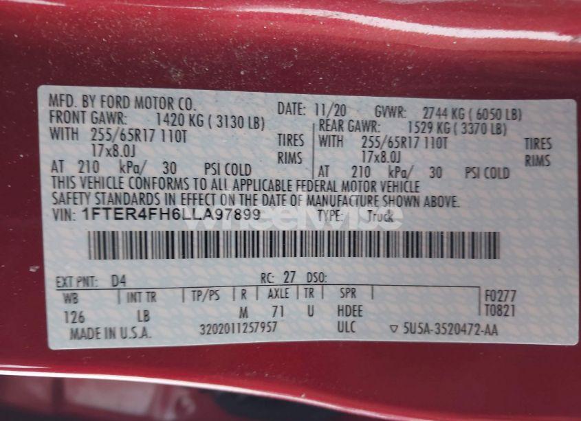 Photo 9 of 2020 Ford Ranger XLT (VIN 1FTER4FH6LLA97899)