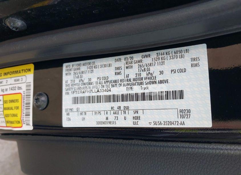Photo 9 of 2020 Ford Ranger XLT (VIN 1FTER4FH7LLA33404)