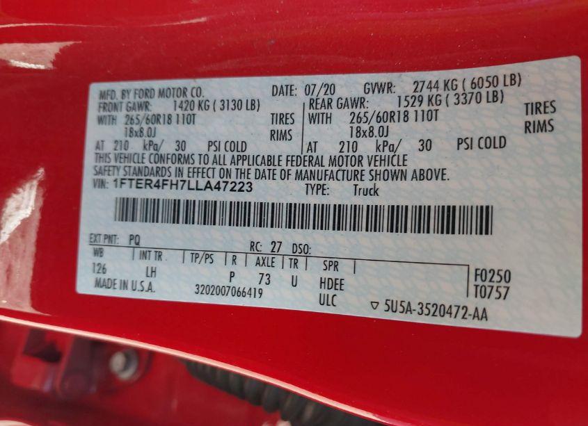 Photo 9 of 2020 Ford Ranger XLT (VIN 1FTER4FH7LLA47223)