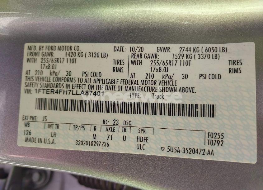 Photo 9 of 2020 Ford Ranger XLT (VIN 1FTER4FH7LLA87401)