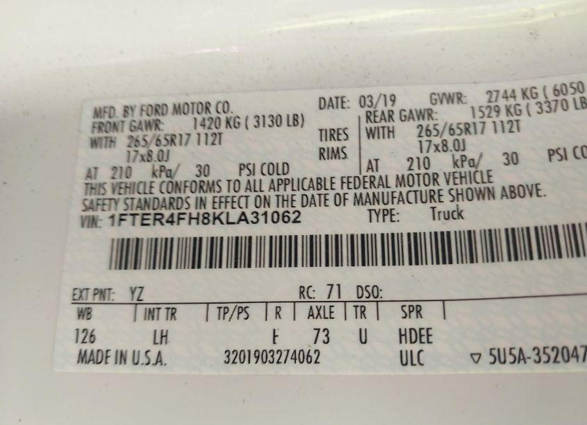 Photo 9 of 2019 Ford Ranger XLT (VIN 1FTER4FH8KLA31062)