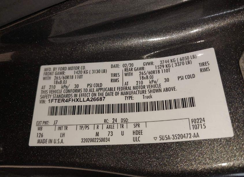 Photo 9 of 2020 Ford Ranger XLT (VIN 1FTER4FHXLLA26687)