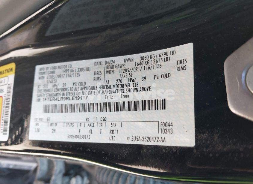 Photo 9 of 2024 Ford Ranger RAPTOR (VIN 1FTER4LR9RLE19117)