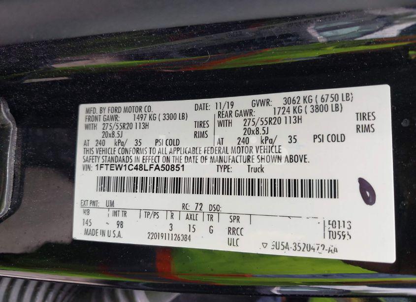 Photo 9 of 2020 Ford F-150 PLATINUM (VIN 1FTEW1C48LFA50851)