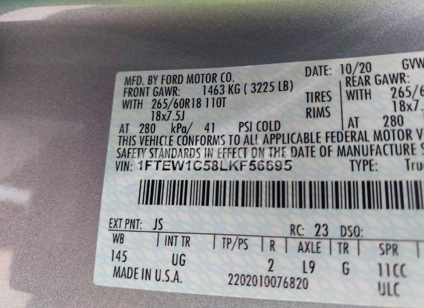 Photo 9 of 2020 Ford F-150 XLT (VIN 1FTEW1C58LKF56695)