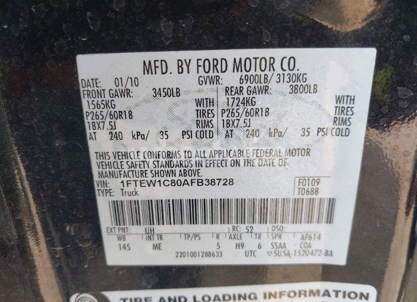 Photo 9 of 2010 Ford F-150 FX2 SPORT/XL/XLT (VIN 1FTEW1C80AFB38728)