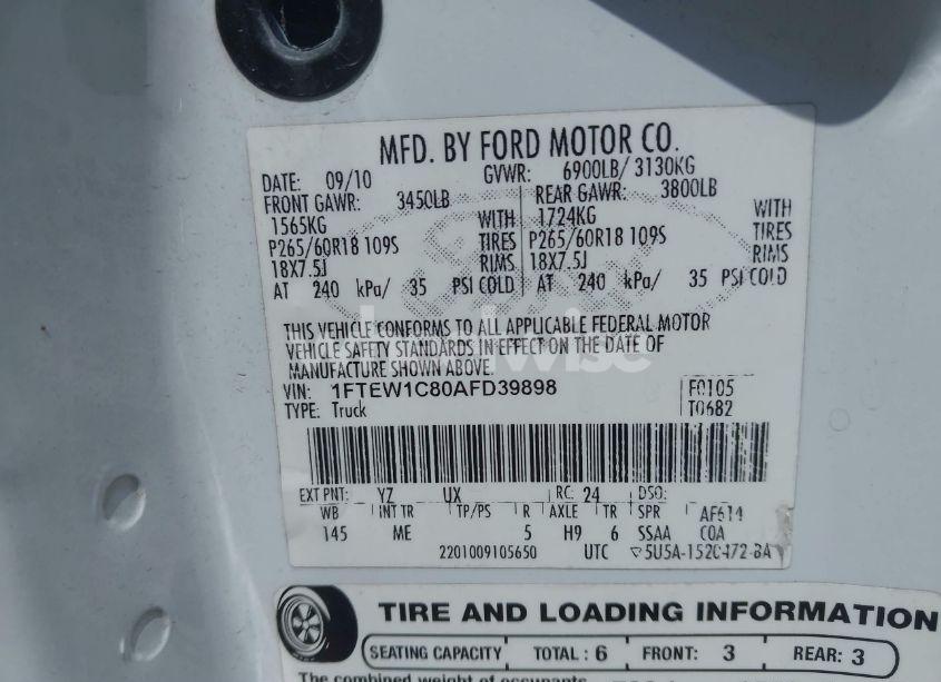 Photo 9 of 2010 Ford F-150 FX2 SPORT/XL/XLT (VIN 1FTEW1C80AFD39898)