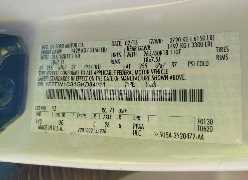 Photo 9 of 2016 Ford F-150 XLT (VIN 1FTEW1C81GKD84011)