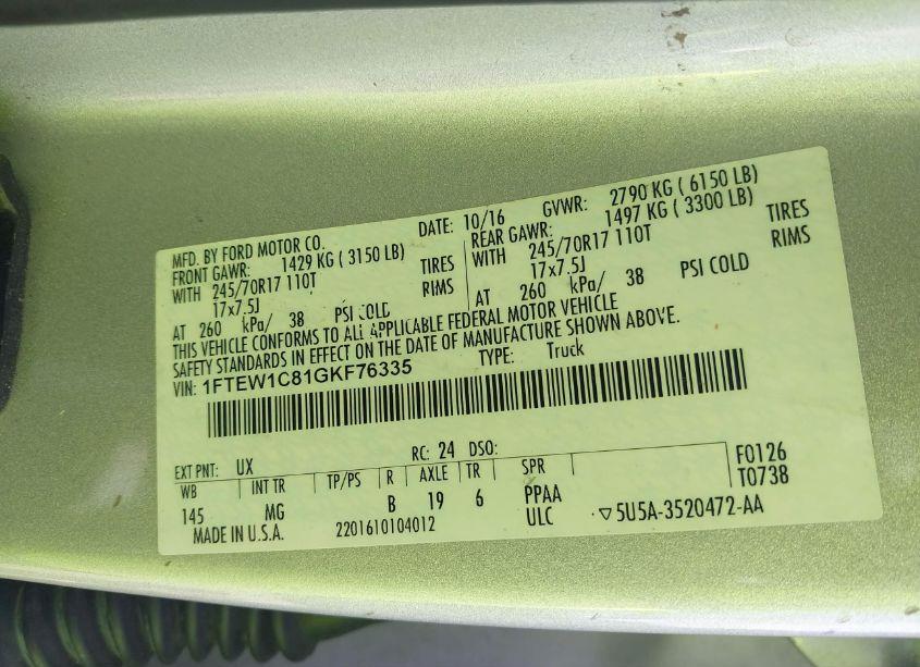 Photo 9 of 2016 Ford F-150 XLT (VIN 1FTEW1C81GKF76335)