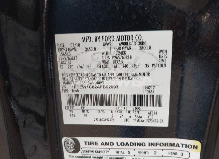 Photo 9 of 2010 Ford F-150 FX2 SPORT/XL/XLT (VIN 1FTEW1C82AFB92693)