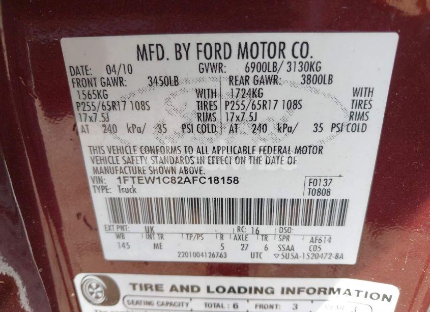 Photo 9 of 2010 Ford F-150 FX2 SPORT/XL/XLT (VIN 1FTEW1C82AFC18158)