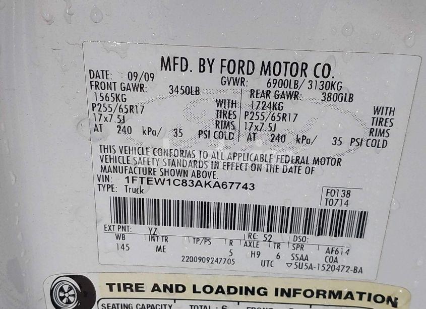 Photo 9 of 2010 Ford F-150 FX2 SPORT/XL/XLT (VIN 1FTEW1C83AKA67743)