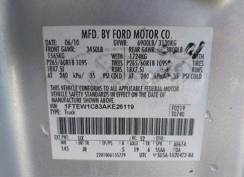 Photo 9 of 2010 Ford F-150 FX2 SPORT/XL/XLT (VIN 1FTEW1C83AKE26119)