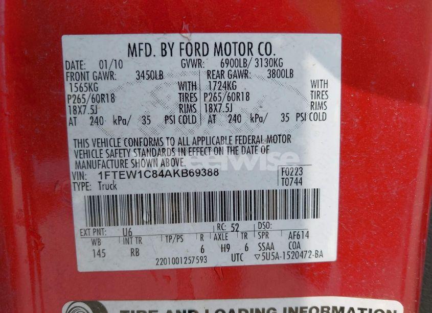 Photo 9 of 2010 Ford F-150 FX2 SPORT/XL/XLT (VIN 1FTEW1C84AKB69388)