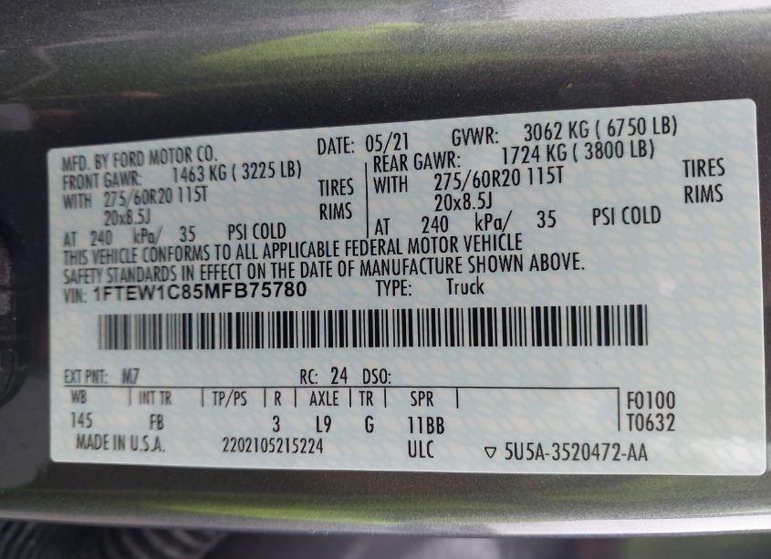 Photo 9 of 2021 Ford F-150 XLT (VIN 1FTEW1C85MFB75780)