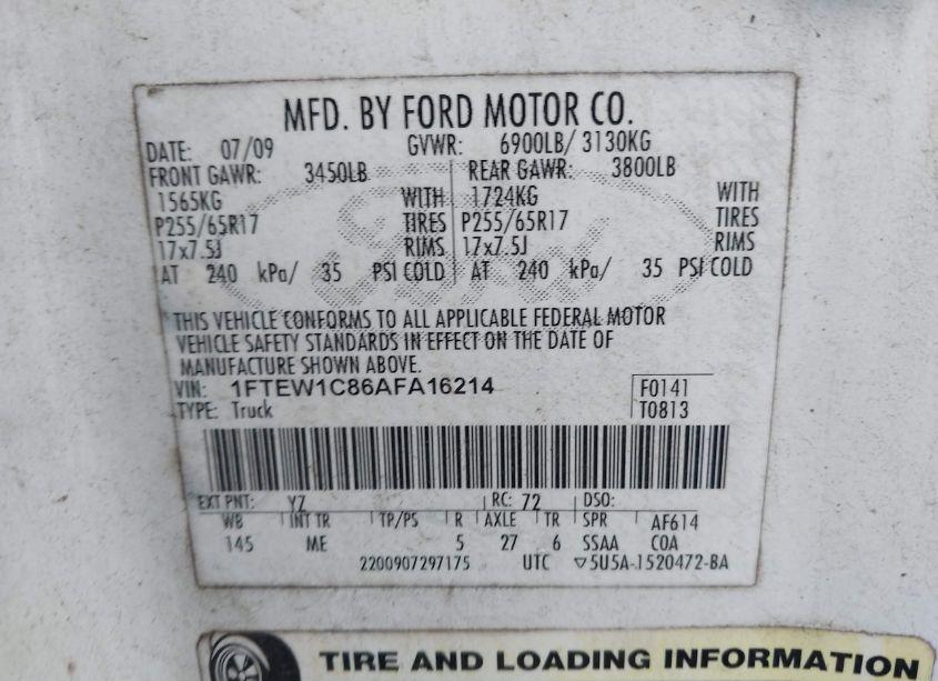 Photo 9 of 2010 Ford F-150 FX2 SPORT/XL/XLT (VIN 1FTEW1C86AFA16214)