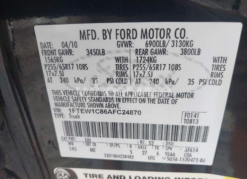 Photo 9 of 2010 Ford F-150 FX2 SPORT/XL/XLT (VIN 1FTEW1C86AFC24870)