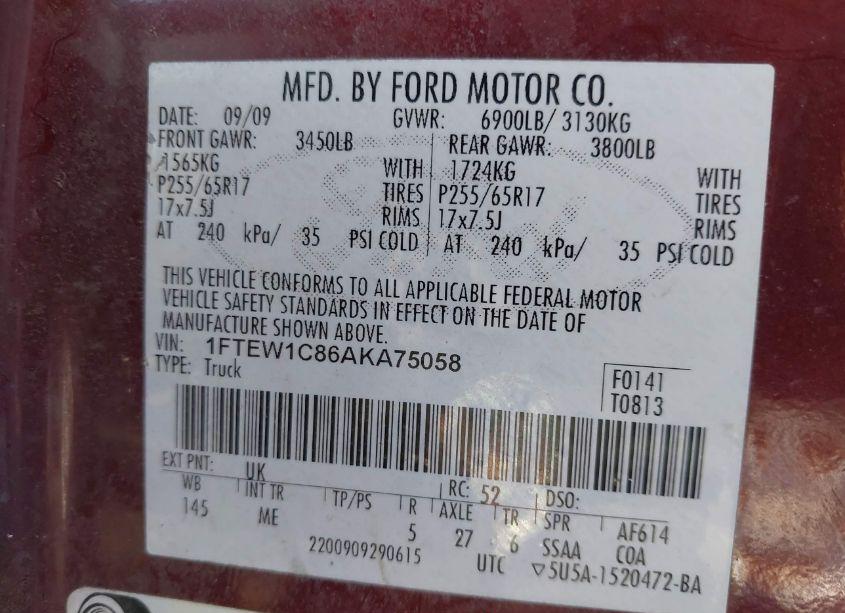 Photo 9 of 2010 Ford F-150 FX2 SPORT/XL/XLT (VIN 1FTEW1C86AKA75058)