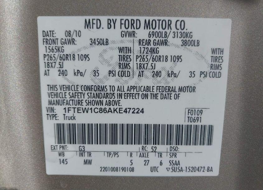 Photo 9 of 2010 Ford F-150 FX2 SPORT/XL/XLT (VIN 1FTEW1C86AKE47224)