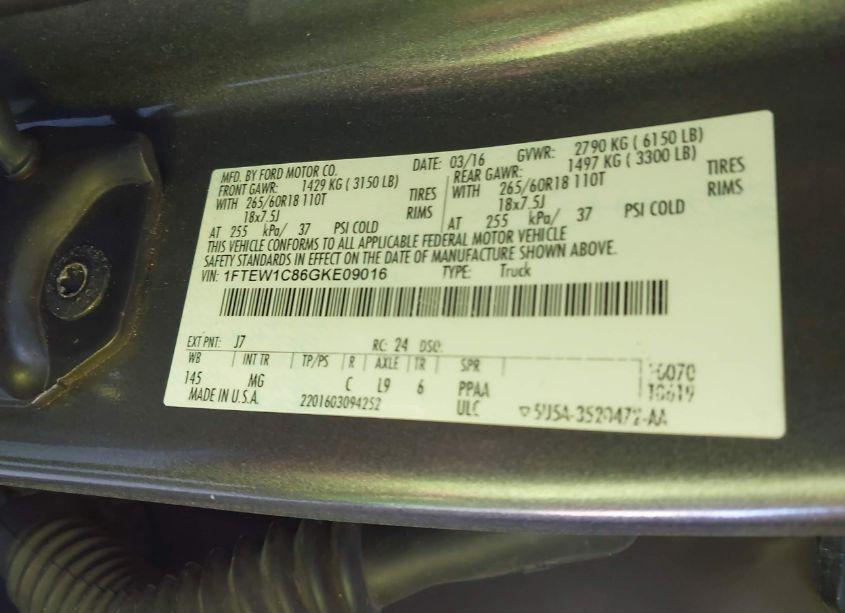 Photo 9 of 2016 Ford F-150 XLT (VIN 1FTEW1C86GKE09016)